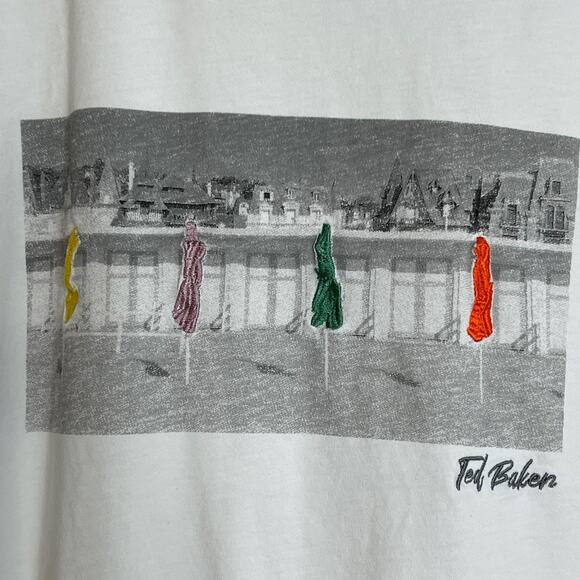 Ted Baker London Mens Graphic T-Shirt Size 6 White Umbrella Embroidery Cotton - Picture 2 of 8